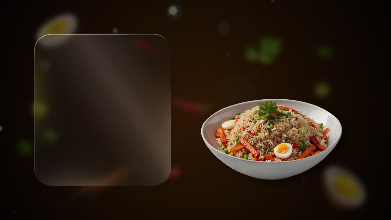Fried rice With parsley, egg and carrot strip in motion - promote your restaurant with glowing glass space for titles, offers or prices