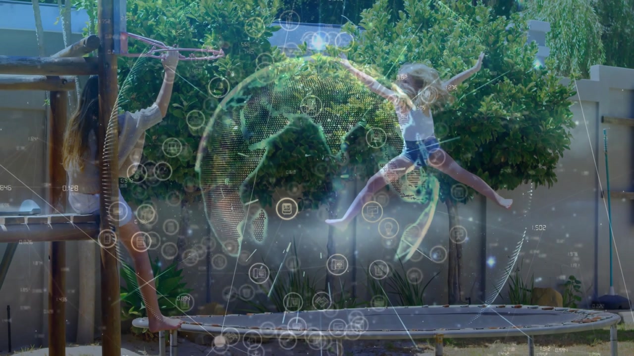 Girl B stepping onto trampoline and initiating animated bounce beside frame in backyard recreation