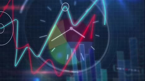 Animation-Von-Uhr,-Datenverarbeitung-Und-Finanzstatistiken-über-Der-Weltkarte