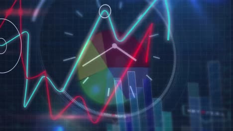 animación de reloj, procesamiento de datos y estadísticas financieras sobre el mapa del mundo
