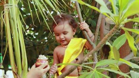 Entzückendes-Kleinkind,-Gekleidet-Als-Hinduistischer-Gott-Krishna,-Süßer-Gesichtsausdruck,-Der-Am-Baum-In-Janmashtami-Spielt