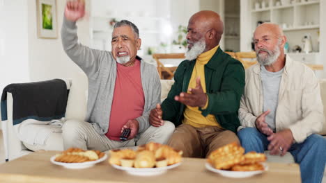 Senior,-men-and-upset-for-sport-on-tv-with-food