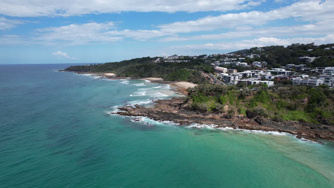 Rocky Headland Of Hansen's Lookout In Coolum Beach, Queensland, Australia. Aerial Pullback Shot