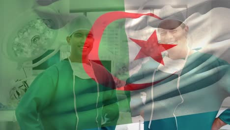 digital composition of algeria flag waving against diverse male surgeons smiling at hospital