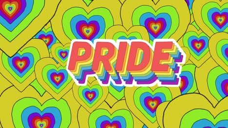 animación de texto de orgullo y corazones arco iris
