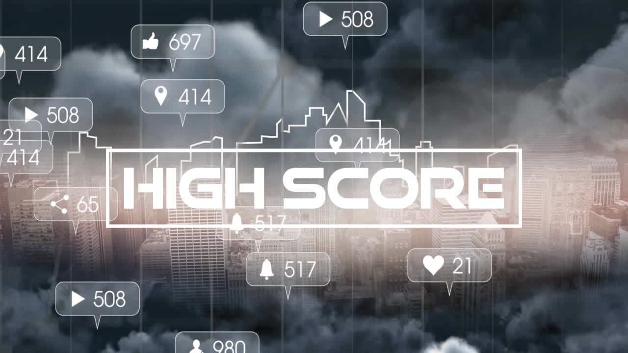 Animation of high score text and numbers growing over cityscape