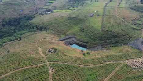 Aerial:-Sustainable-Forest-Plantation-in-a-valley-with-artificial-lakes-to-water-the-plants-in-India