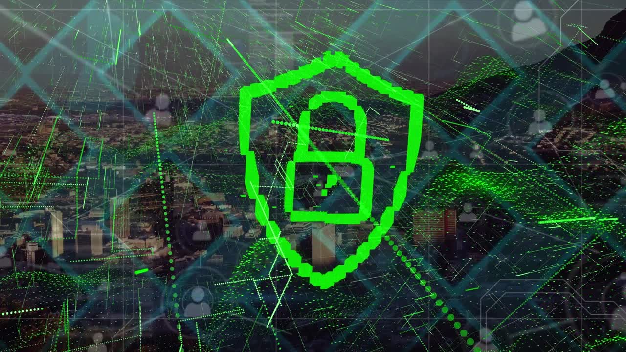 animazione del lucchetto digitale e della rete di connessioni sul paesaggio urbano