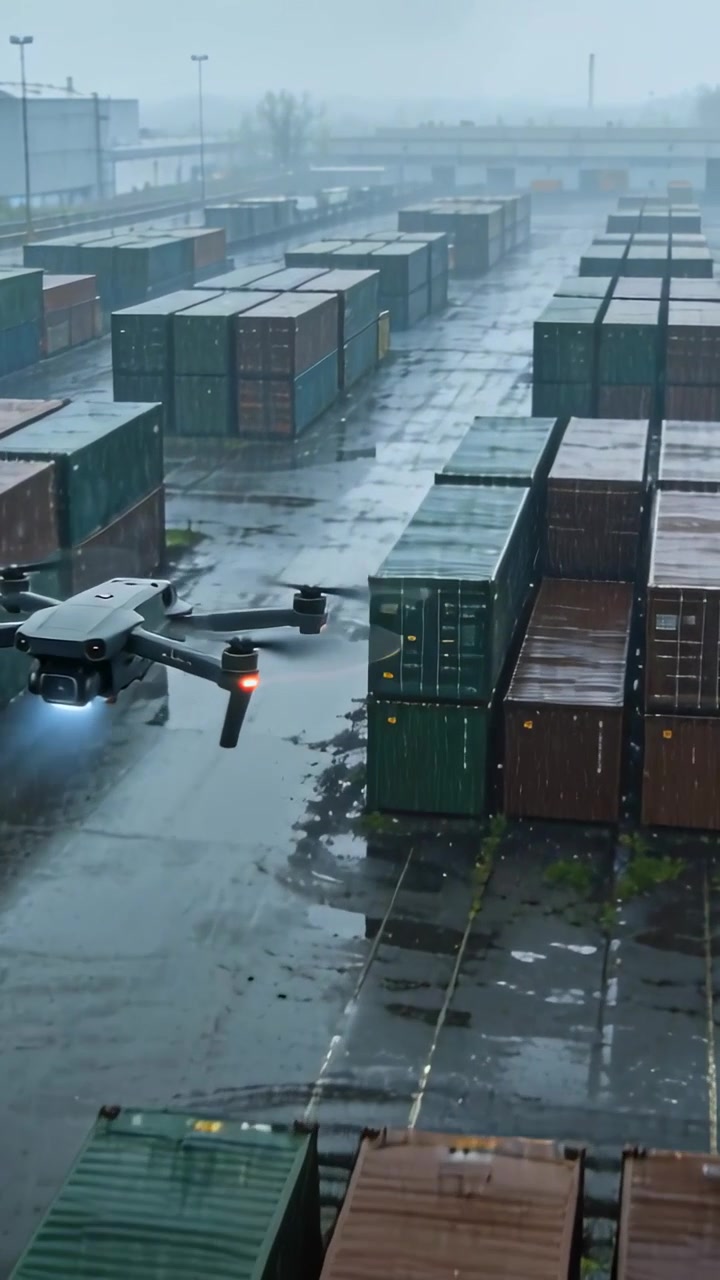 Pilot commanding drone flying low past wet container yard, inspecting cargo with camera and LEDs