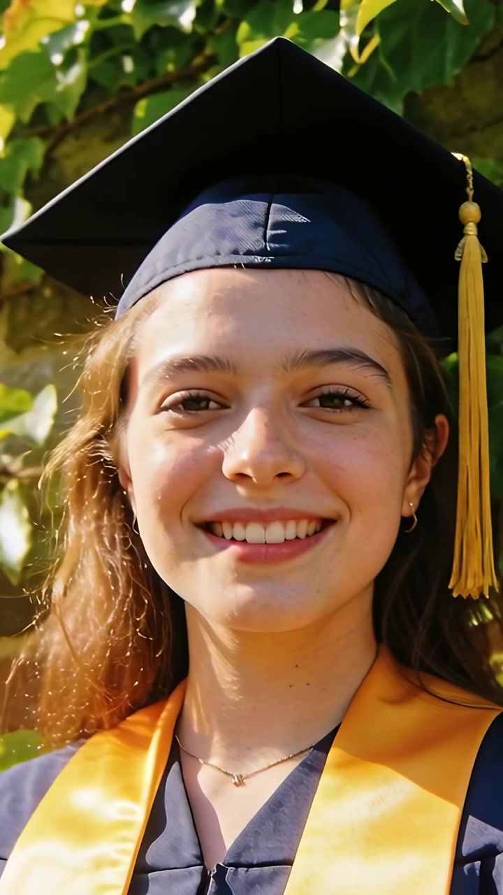 Vídeo vertical: Câmera panorâmica, formando girando, sorrindo no jardim para foto de formatura, mostrando capelo e estola.