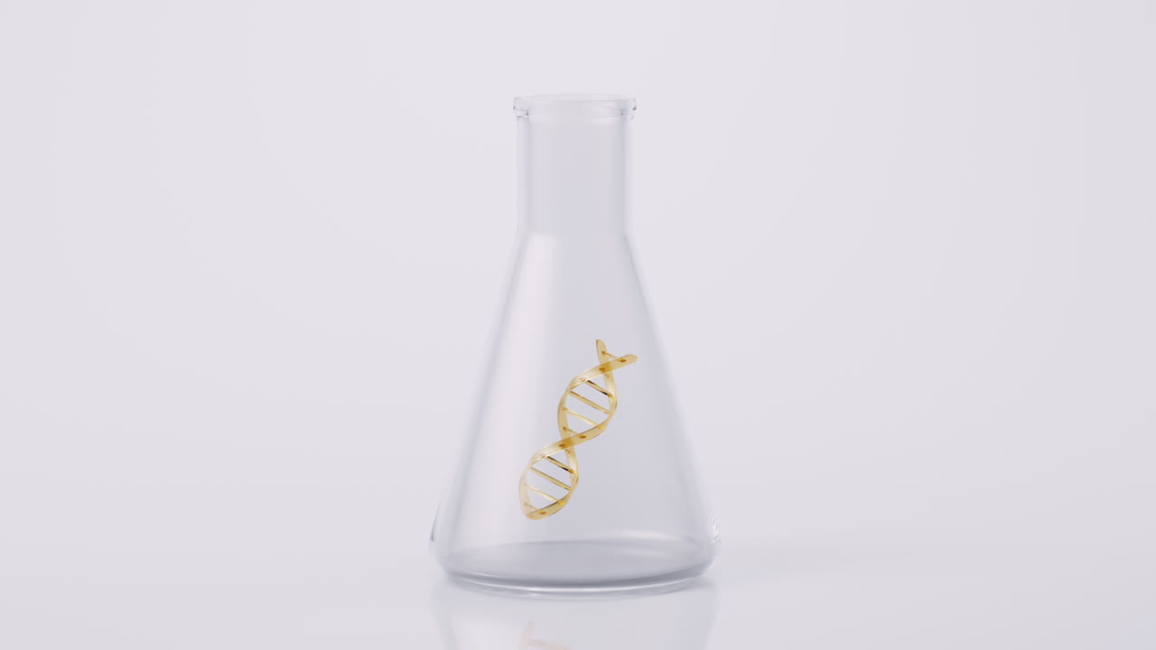 Chemical glassware and golden DNA, 3d rendering.