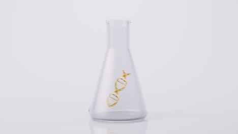 Chemical glassware and golden DNA, 3d rendering.