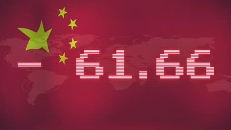 chinese flag and negative financial data animation over world map background