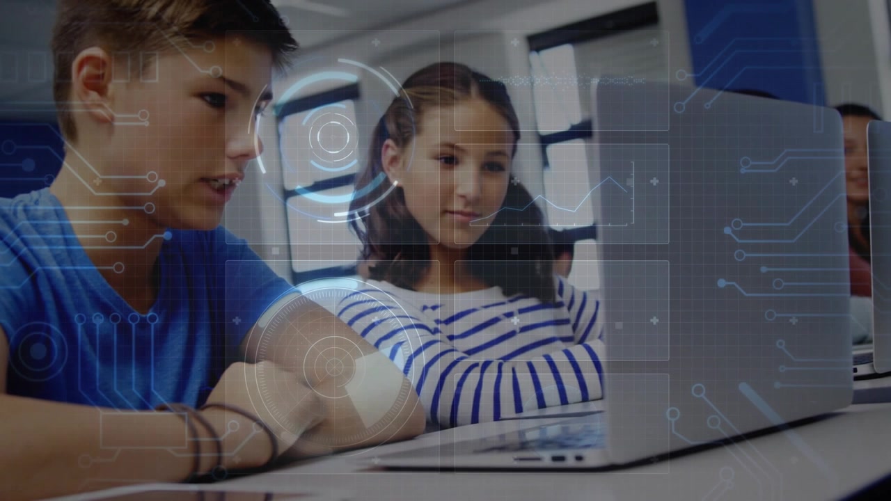 Left student shifting and touching laptop keys while peer watching, HUD overlaying UI guiding study