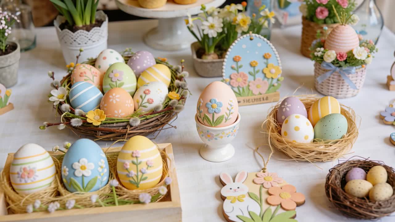 Panning camera shifting right revealing pastel eggs, nests on dining table, showing spring decor