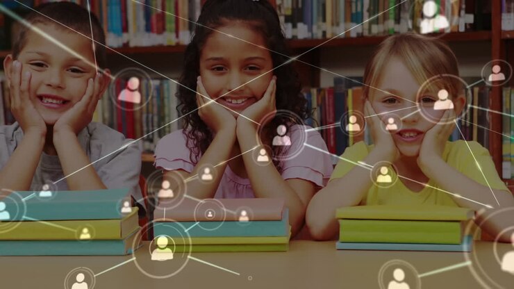 Network of profile icons against portrait of diverse students smiling while sitting at library