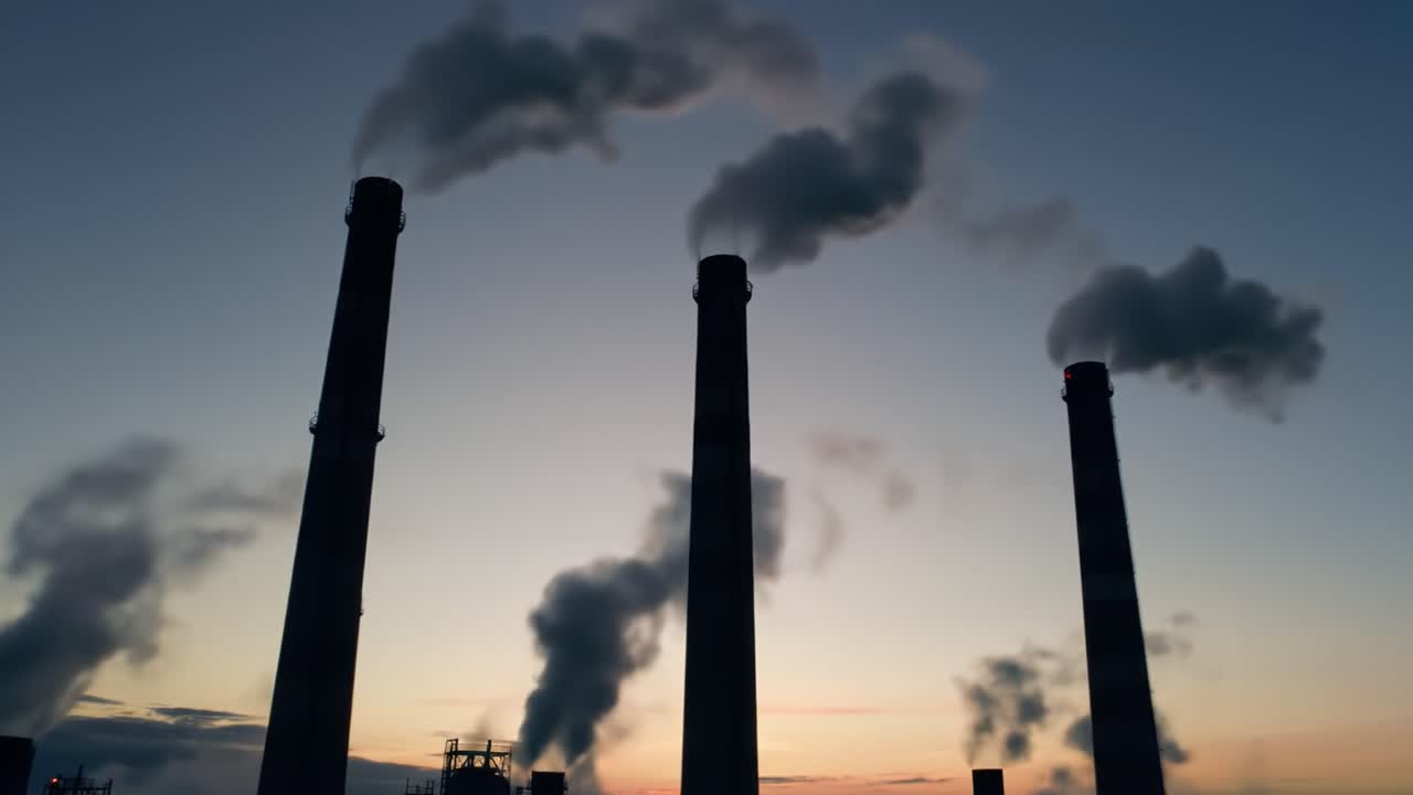 Imposing silhouettes of industrial smokestacks against a dusky sky, emphasizing the contrast between artificial structures and natural beauty during twilight hours