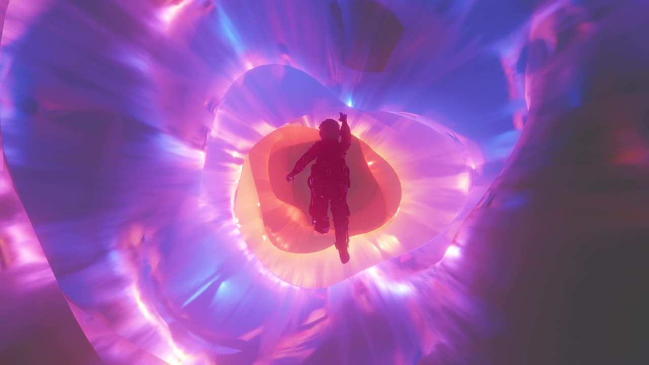 Unrecognizable person falling into multicolored interdimensional tunnel. 3d infinite loop