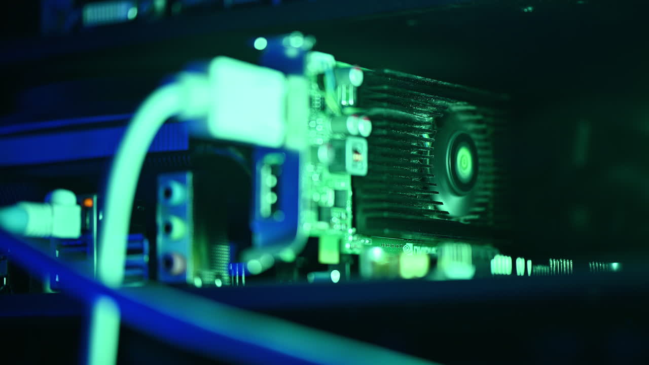 Close up of a server with flashing colourful lights in a data center