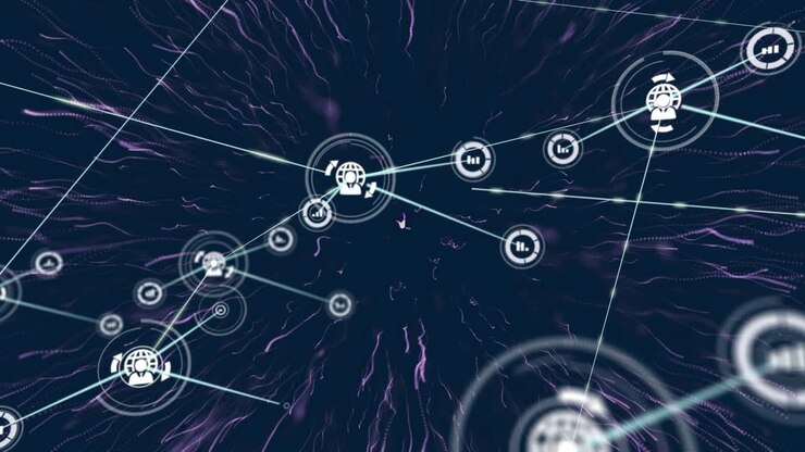 Animation af et forbindelsesnetværk med digitale ikoner over en lilla eksplosion