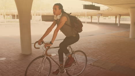 animation of biracial man cycling in city