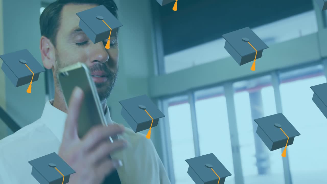 animación de la caída de los sombreros de graduación sobre los hombres de negocios que usan teléfonos inteligentes.