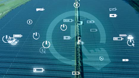 aerial view of a large solar panel field with modern graphics overlay