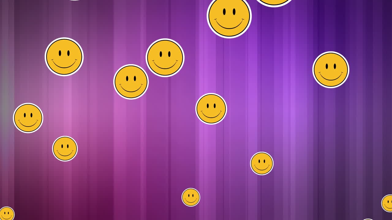 Molteplici emoji di faccine sorridenti che fluttuano su sfondo viola
