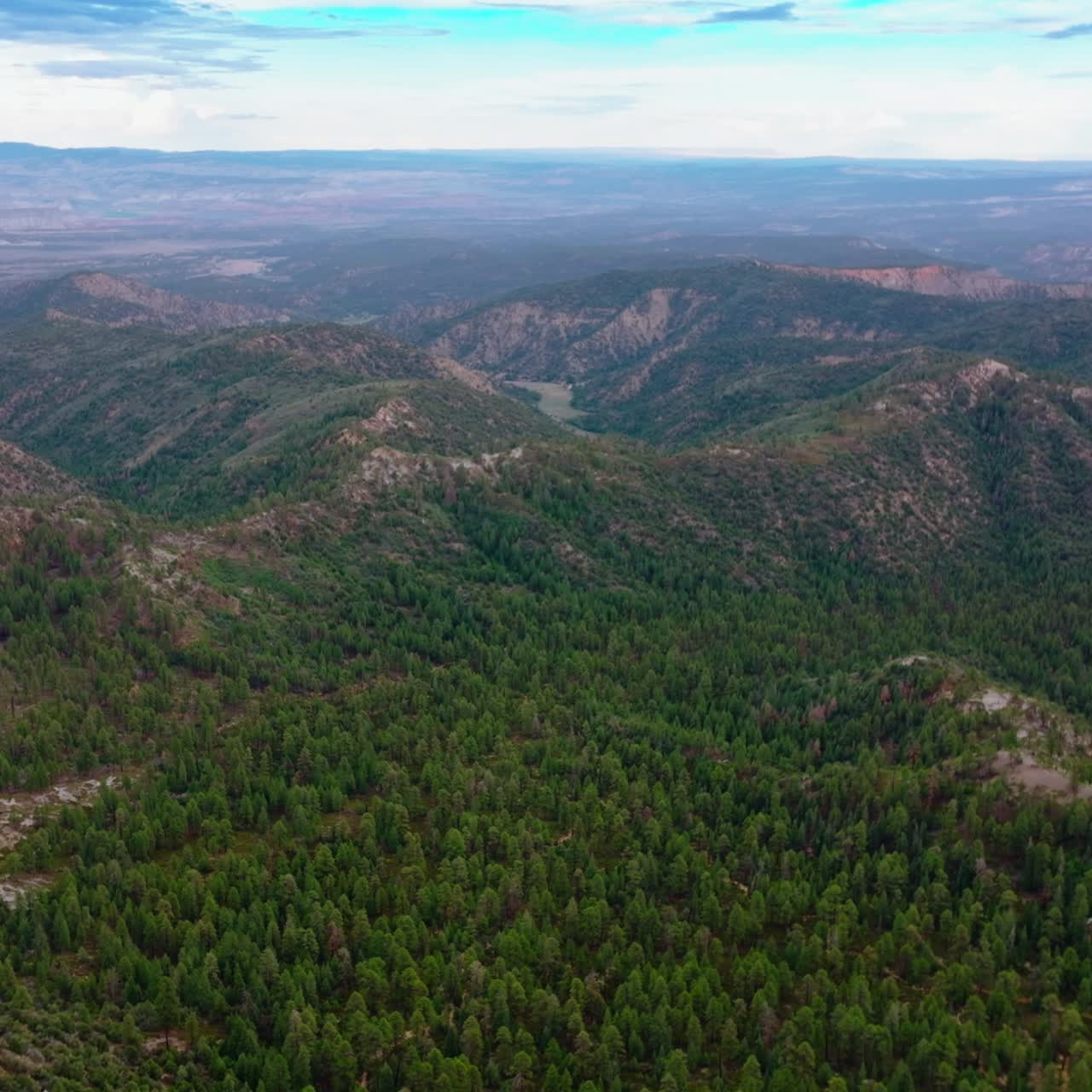 Mountainous panorama on cloudy daytime. Drone footage over the rocky landscape overgrown with pine tree forest