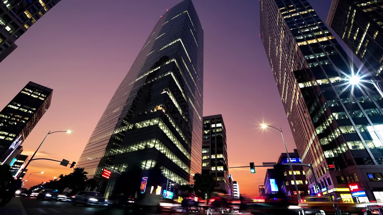 Dynamic cityscape video at dusk, showcasing towering skyscrapers from a low-angle perspective