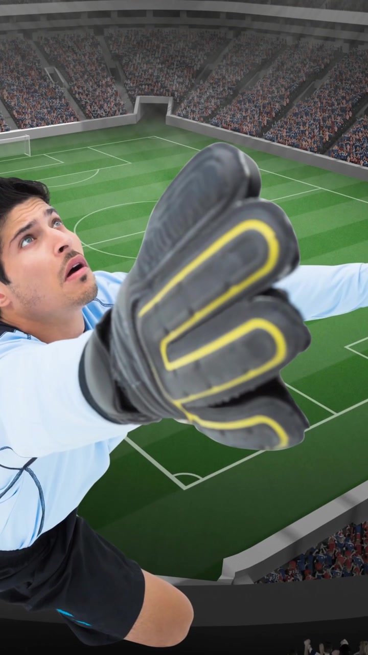 Animazione di un portiere che si allunga per prendere il pallone su uno stadio sportivo.
