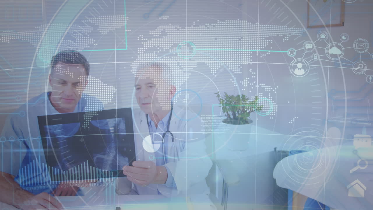 스레이를 들고 있는 백인 남성 의사들에 대한 데이터 처리의 애니메이션