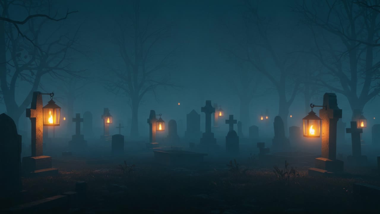 Mysterious Graveyard at Dusk Illuminated by Flickering Lanterns Surrounded by Eerie Shadows and Fog, Creating an Atmosphere of Suspense and Reflection