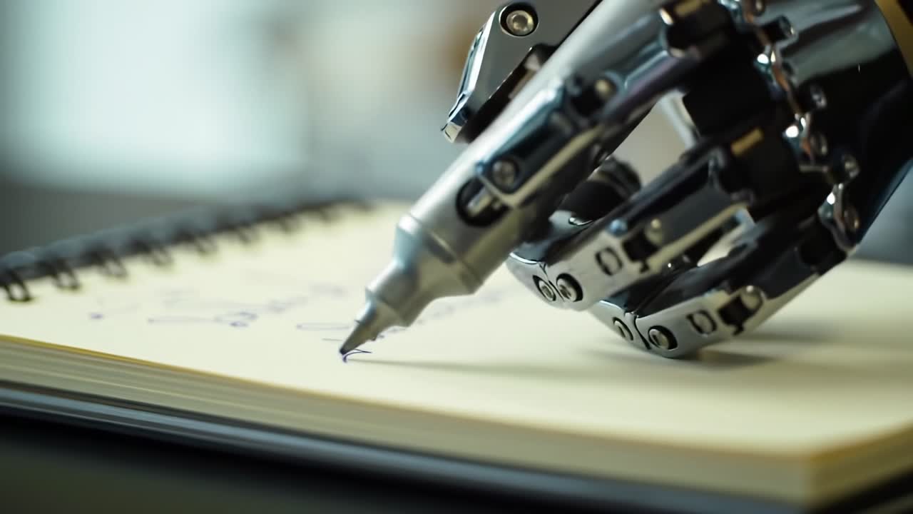 A Robotic Hand Skillfully Writing in a Notebook: A Glimpse into the Future of Technology and Creativity, Merging Human Intuition with Mechanical Precision