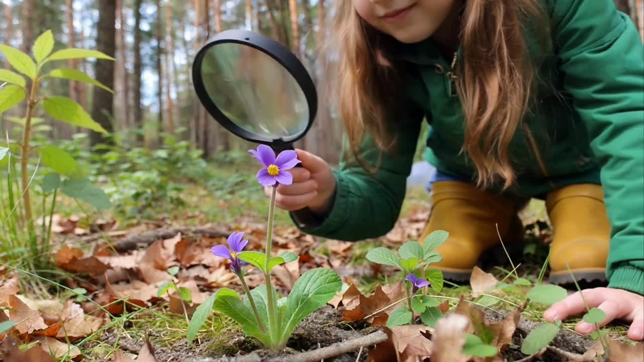 Young Girl Exploring Flowers with Magnifying Glass in Forest