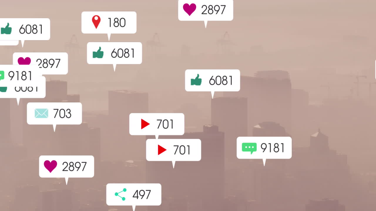 도시 풍경의 공중 시야에 떠다니는 소셜 미디어 아이콘의 애니메이션