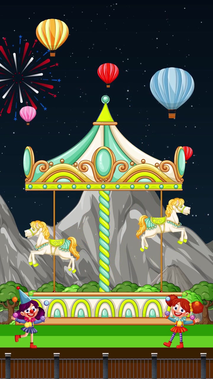 Cartoon carousel rotates under a starry night sky with fireworks, balloons, and mountains
