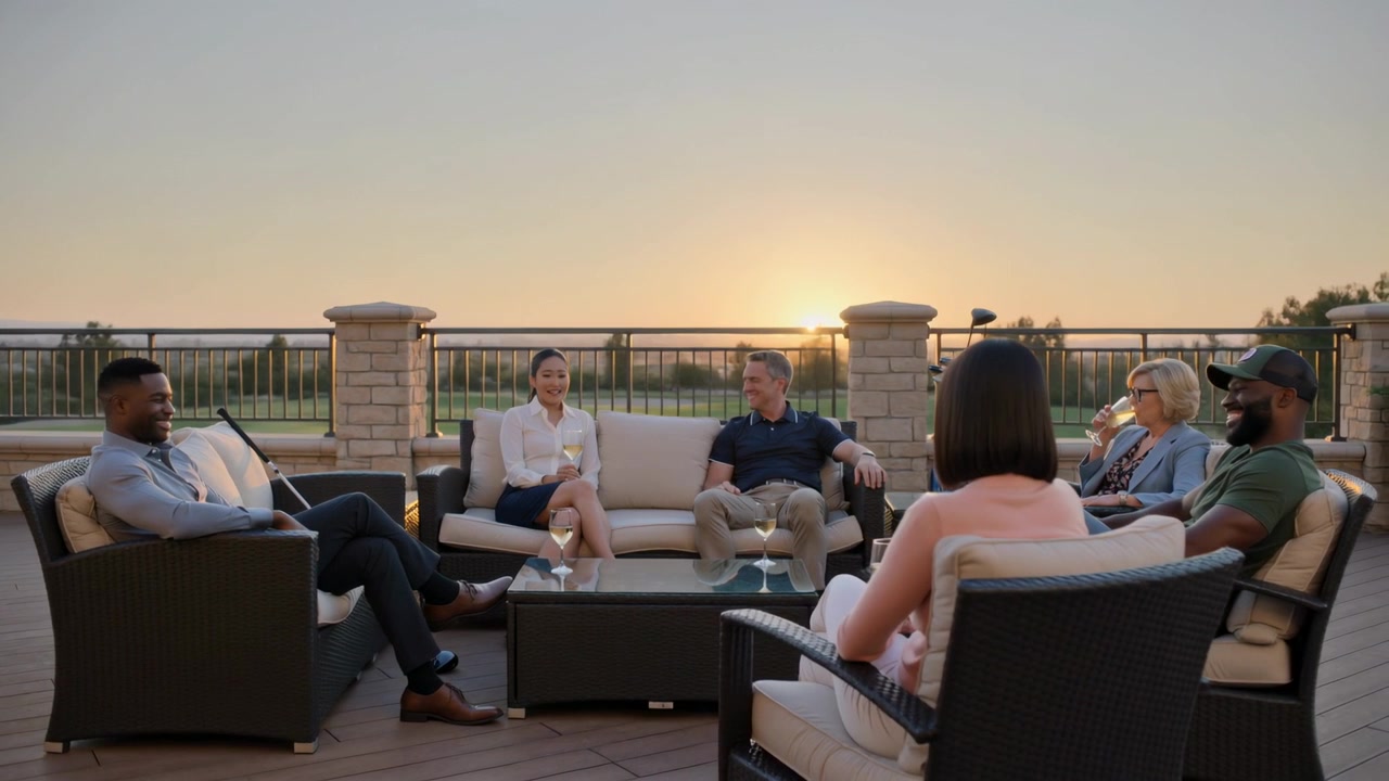 Donna in bianco che inizia una conversazione, condividendo storie con un gruppo su una terrazza al tramonto, vicino a mazze da golf