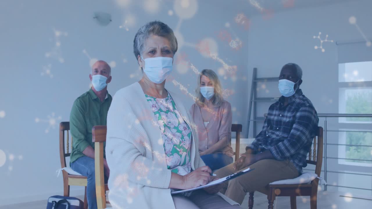 얼굴 마스크를 착용한 다양한 노인 그룹에 대한 모양의 애니메이션