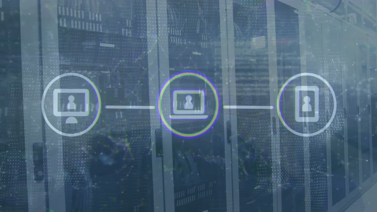 Animation of media icons and data processing over server room