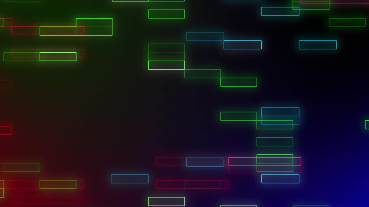 Animation of red particles floating over neon square shapes against gradient background