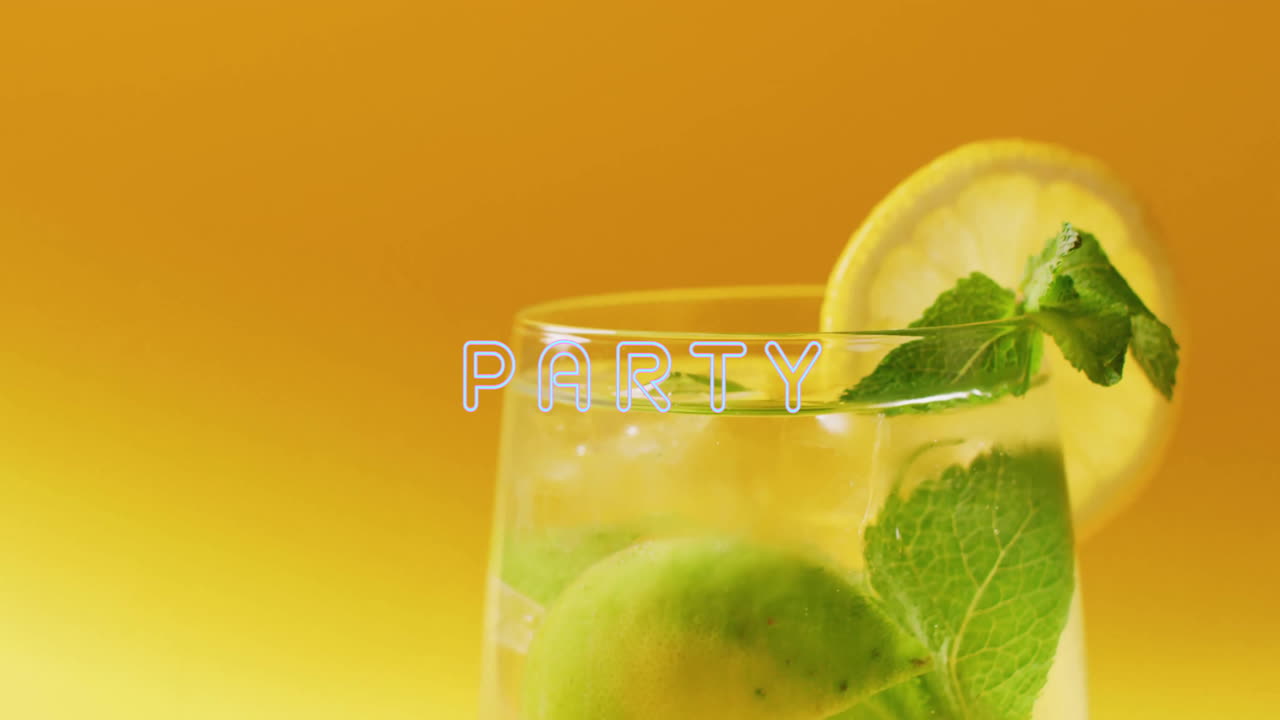 노란색 배경에 파티 네온 텍스트와 테일의 애니메이션