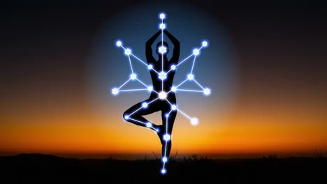 silhouette of a yoga practitioner meditating at sunset, highlighting energy patterns and spiritual alignment through chakra symbols