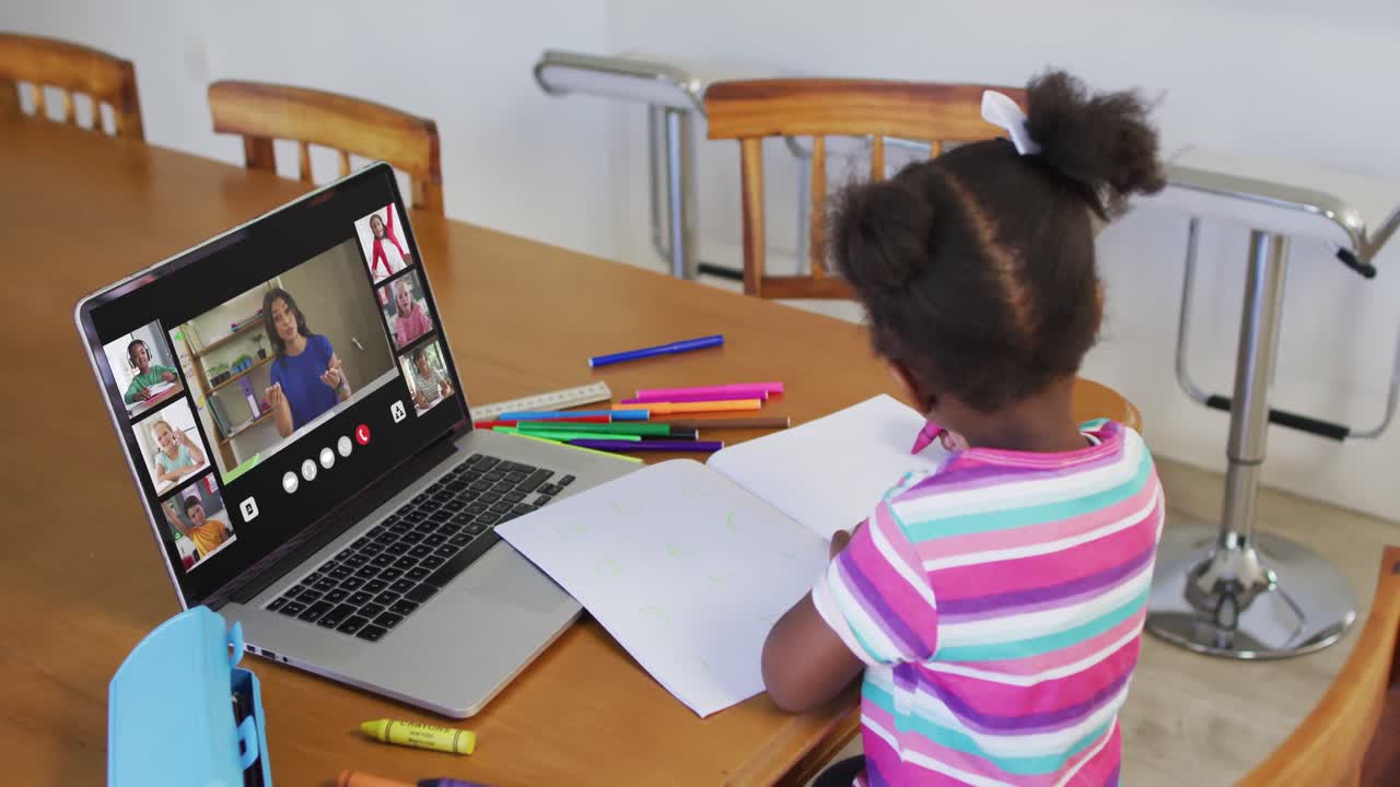Schoolgirl using laptop for online lesson at home, with diverse teacher and class on screen