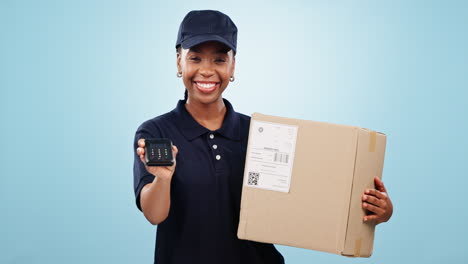 Happy-black-woman,-box-and-pos-machine