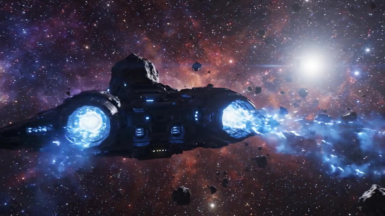 Un'astronave colossale manovra attraverso le vibranti profondità dello spazio, navigando in un campo di asteroidi e lasciando una scia di energia radiosa in un contesto cosmico.