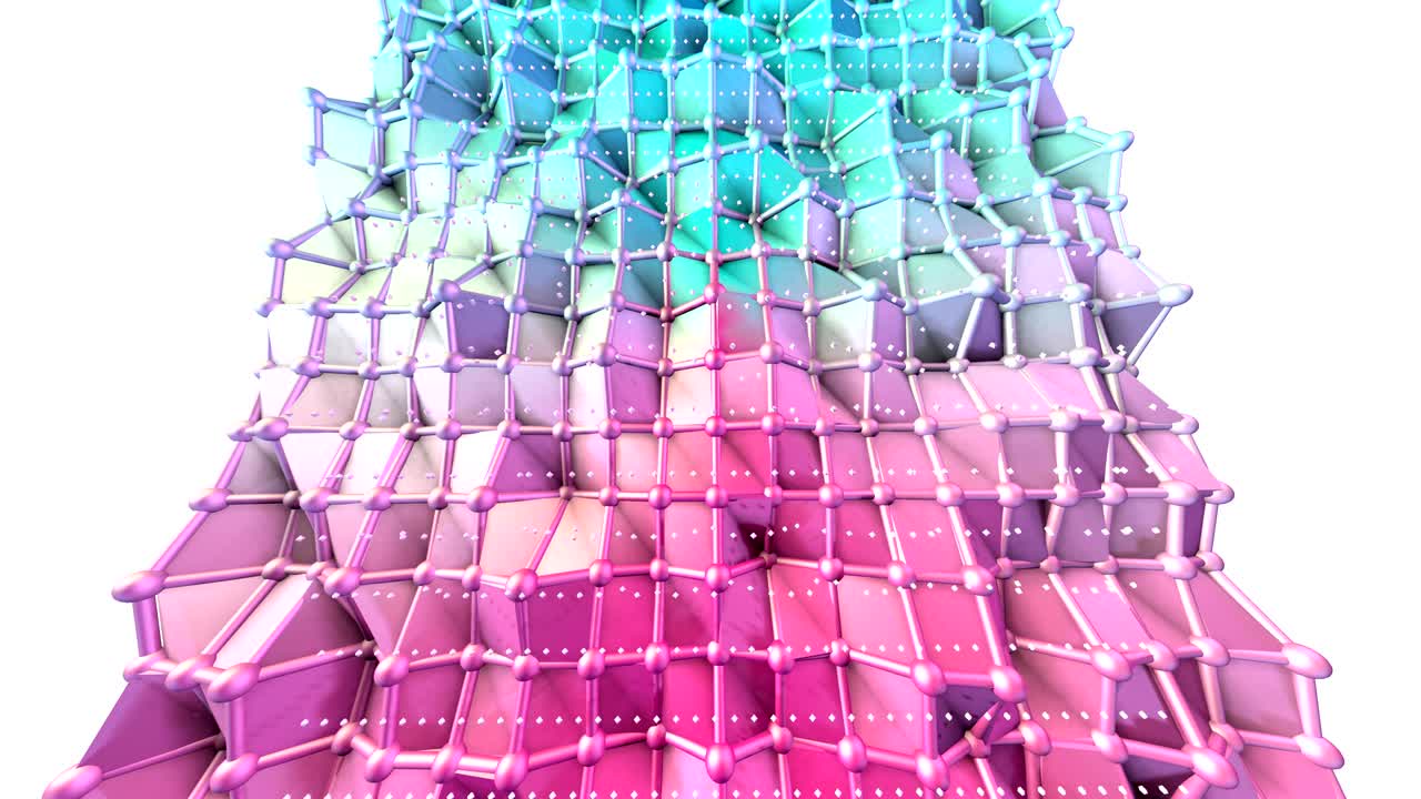 Abstract simple blue pink low poly 3D surface and flying white crystals as cyber background. Soft geometric low poly background of pure blue pink polygons. 4K Fullhd seamless loop background.