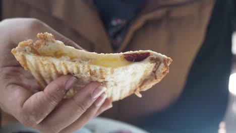 person eating a toasted sandwich