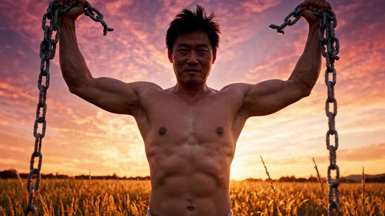 回復力と強さのダイナミックなポートレート：広大な野原で、筋肉質な男性が息をのむような夕日を背景に誇らしげに鎖を握りしめています。