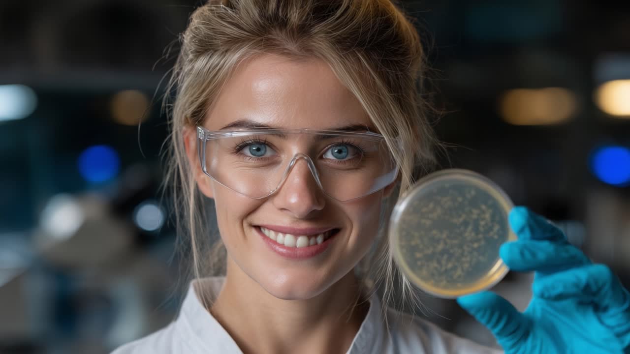 A Young Scientist Proudly Displays a Petri Dish with Microorganisms, Showcasing Her Research and Passion for Science in a Laboratory Environment